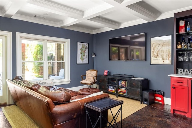 living room with visible vents, crown molding, beamed ceiling, baseboards, and coffered ceiling