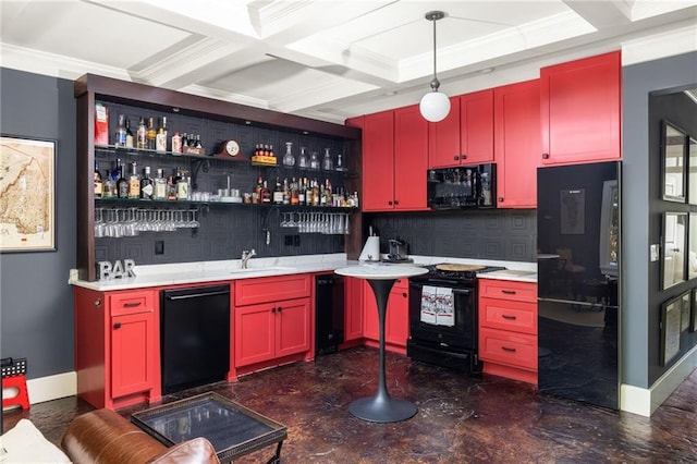 bar with baseboards, wet bar, a sink, black appliances, and coffered ceiling