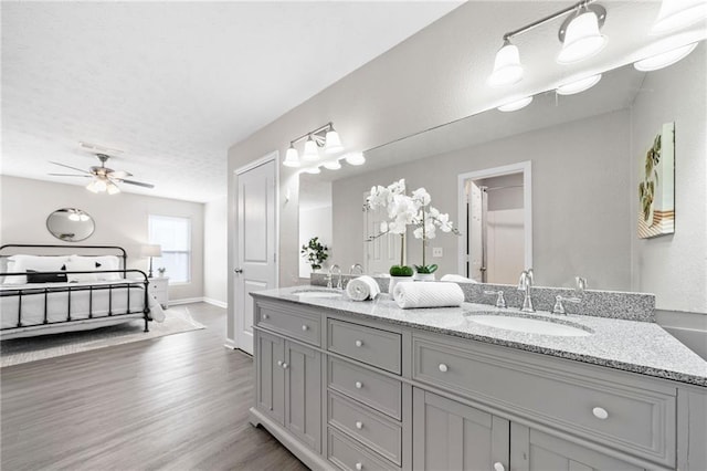 705 Beaufort Cir, Duluth, GA 30096 - bathroom featuring wood finished floors, ceiling fan, double vanity, and baseboards