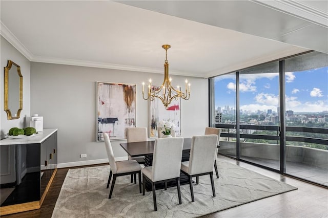 2660 Peachtree Rd NW Unit 23A, Atlanta, GA 30305 - dining room with a chandelier, wood finished floors, a view of city, a wall of windows, and ornamental molding