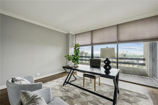 2660 Peachtree Rd NW Unit 23A, Atlanta, GA 30305 - office area featuring ornamental molding, wood finished floors, and a view of city