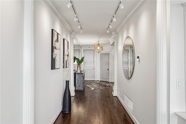 2660 Peachtree Rd NW Unit 23A, Atlanta, GA 30305 - hall featuring rail lighting, dark wood-style floors, and ornamental molding