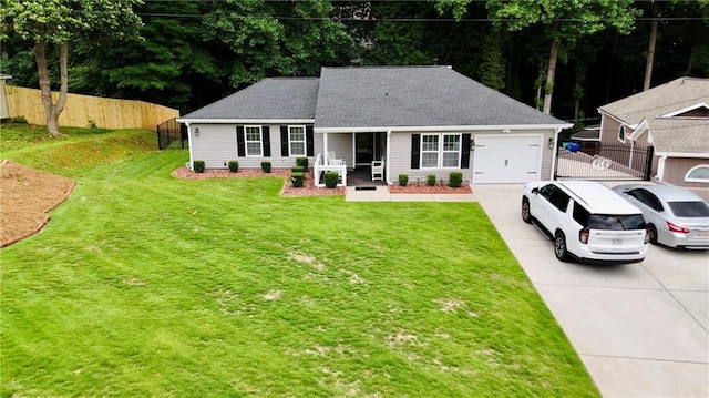 single story home featuring a front yard and a garage