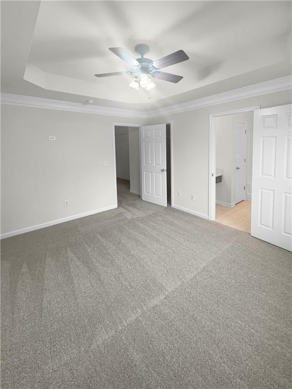 carpeted spare room with crown molding, a tray ceiling, and ceiling fan