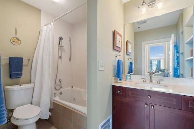 full bathroom featuring vanity, shower / bathtub combination with curtain, and toilet