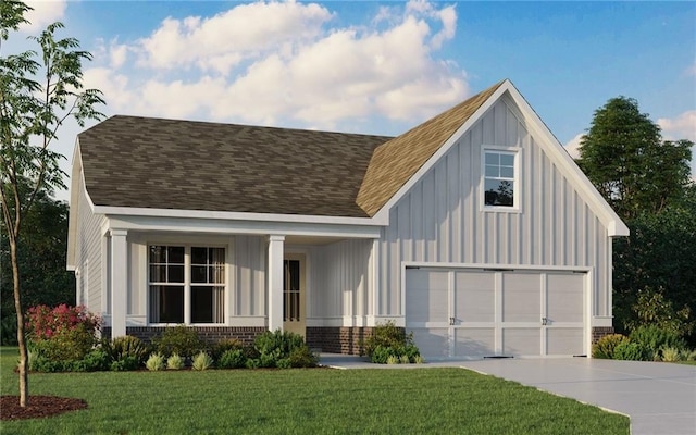 264 Azalea Xing, Dallas, GA 30132 - view of front facade featuring concrete driveway, a garage, a front lawn, board and batten siding, and brick siding