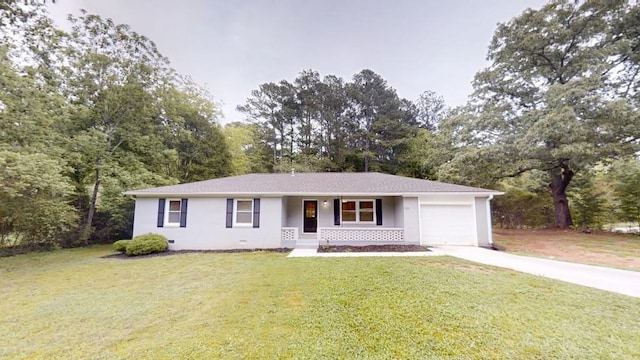ranch-style house featuring a garage, covered porch, a front yard, and concrete driveway