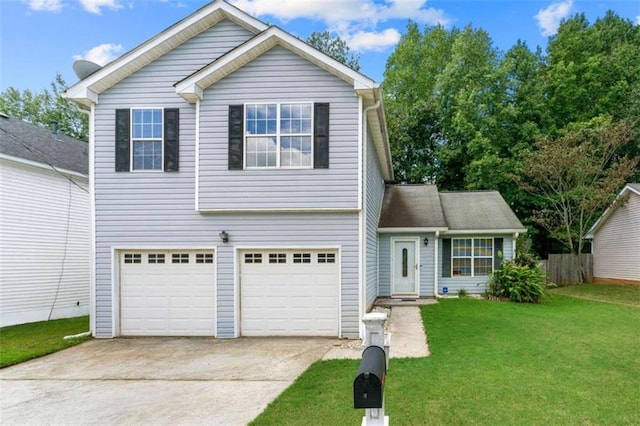 front facade with a front lawn and a garage