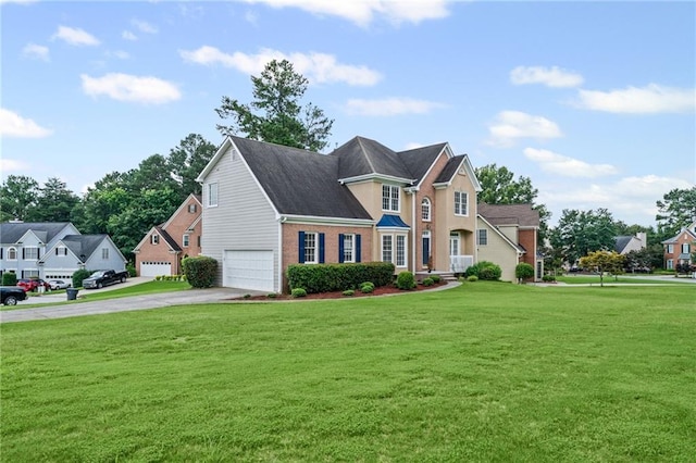 479 Rising Sun Path, Lawrenceville, GA 30043 - view of front facade featuring a garage, driveway, a front lawn, brick siding, and a residential view