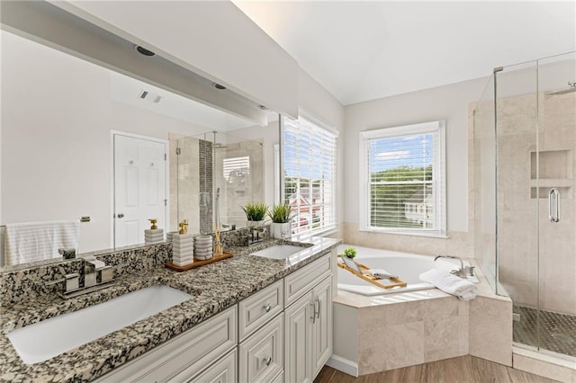 479 Rising Sun Path, Lawrenceville, GA 30043 - bathroom with a bath, a stall shower, and double vanity