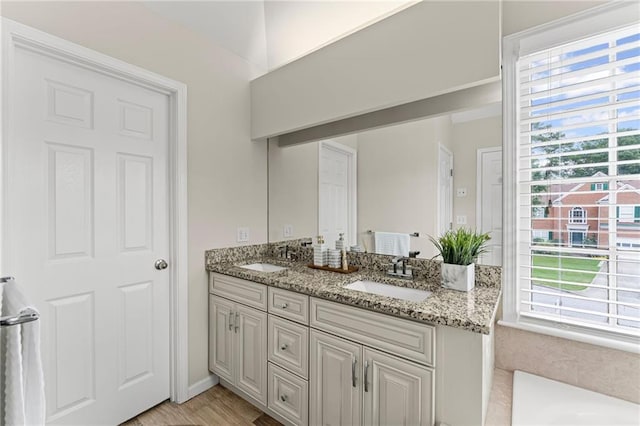 479 Rising Sun Path, Lawrenceville, GA 30043 - full bathroom with double vanity, plenty of natural light, a bathtub, and wood finished floors