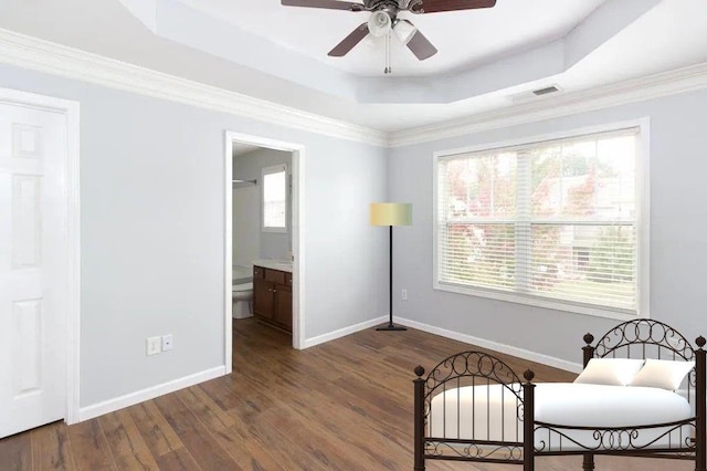 532 Oakside Pl, Acworth, GA 30102 - sitting room featuring a raised ceiling, a ceiling fan, baseboards, dark wood-style floors, and crown molding