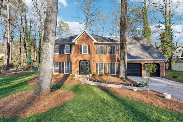 4506 Reva Way NE, Marietta, GA 30066 - colonial house featuring brick siding, a front yard, french doors, driveway, and an attached garage