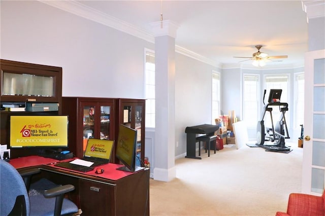 office featuring ornamental molding, light carpet, and ceiling fan