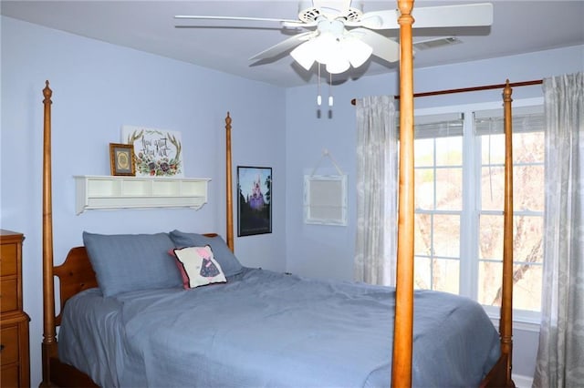 bedroom featuring multiple windows and ceiling fan