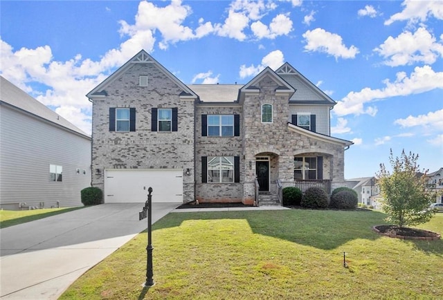 7410 Ansley View Ln, Cumming, GA 30028 - view of front of home featuring a garage, concrete driveway, a front yard, and stone siding
