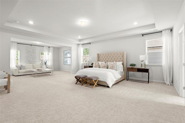 7410 Ansley View Ln, Cumming, GA 30028 - bedroom featuring a raised ceiling, carpet floors, and recessed lighting