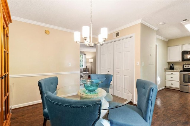 dining area featuring a chandelier, ornamental molding, dark wood-type flooring, baseboards, and a textured ceiling