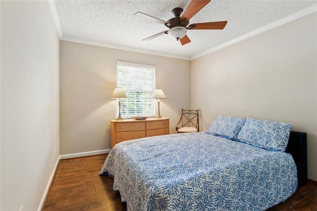 bedroom with wood finished floors, baseboards, a textured ceiling, crown molding, and ceiling fan