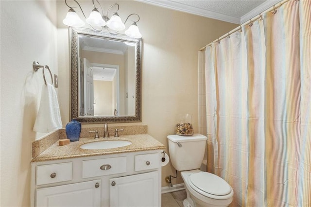 full bathroom featuring crown molding, toilet, and vanity