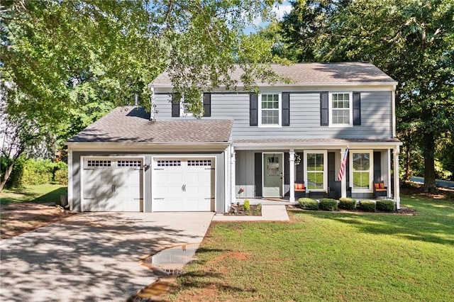 5552 Knox Pl, Peachtree Corners, GA 30092 - view of front of house with driveway, an attached garage, a front yard, covered porch, and a shingled roof