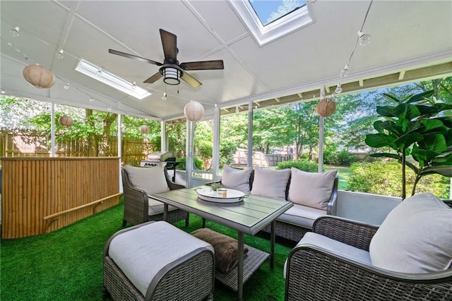 5552 Knox Pl, Peachtree Corners, GA 30092 - sunroom / solarium with a skylight, a ceiling fan, outdoor lounge area, plenty of natural light, and vaulted ceiling