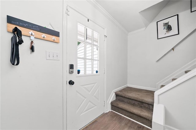 5552 Knox Pl, Peachtree Corners, GA 30092 - entryway with stairs, ornamental molding, dark wood-style floors, and baseboards