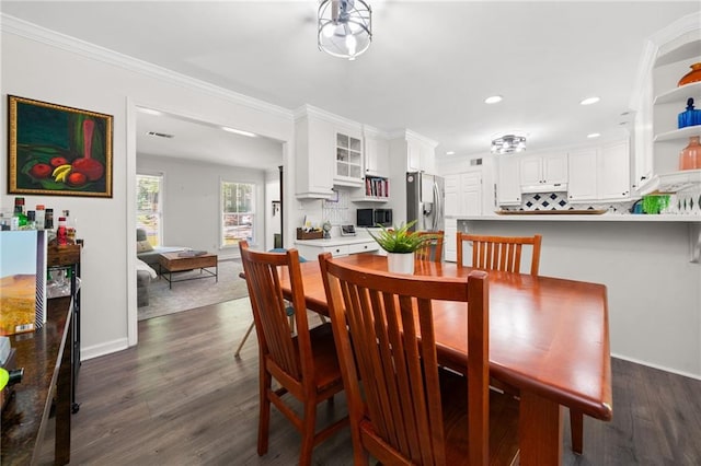 5552 Knox Pl, Peachtree Corners, GA 30092 - dining room featuring recessed lighting, dark wood-type flooring, ornamental molding, and baseboards