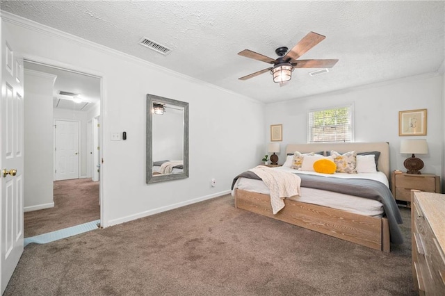 5552 Knox Pl, Peachtree Corners, GA 30092 - bedroom with attic access, carpet floors, a textured ceiling, crown molding, and a ceiling fan
