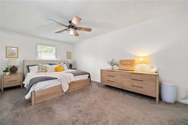 5552 Knox Pl, Peachtree Corners, GA 30092 - carpeted bedroom with a textured ceiling, ornamental molding, and a ceiling fan