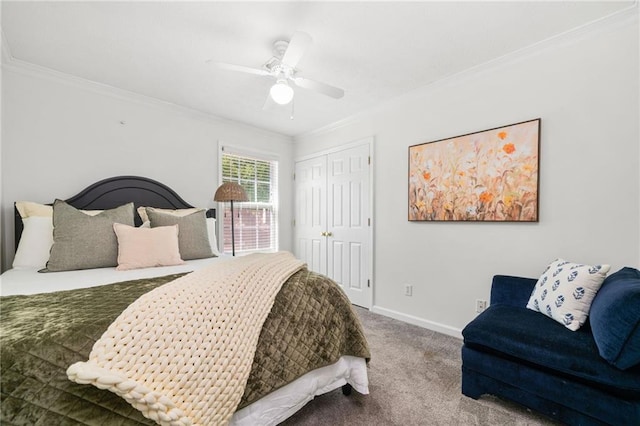 5552 Knox Pl, Peachtree Corners, GA 30092 - carpeted bedroom featuring ornamental molding, a closet, baseboards, and a ceiling fan