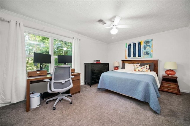 5552 Knox Pl, Peachtree Corners, GA 30092 - carpeted bedroom with ornamental molding, a textured ceiling, a ceiling fan, and a desk