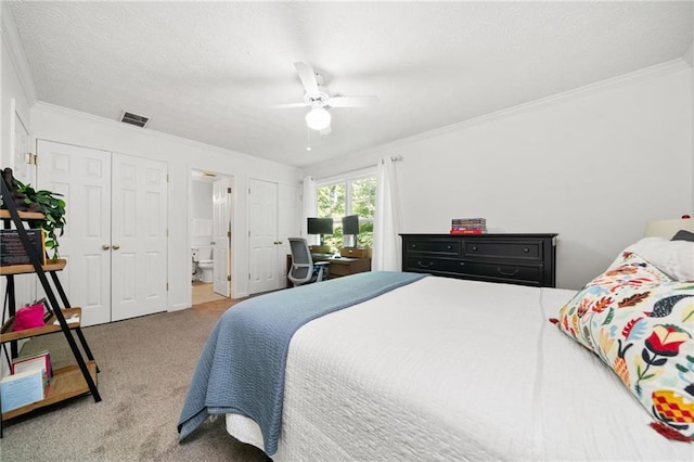 5552 Knox Pl, Peachtree Corners, GA 30092 - bedroom with carpet flooring, ornamental molding, connected bathroom, a desk, and a ceiling fan