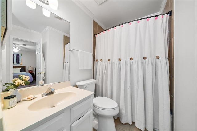 5552 Knox Pl, Peachtree Corners, GA 30092 - full bathroom with vanity, toilet, crown molding, tile patterned flooring, and a shower with curtain