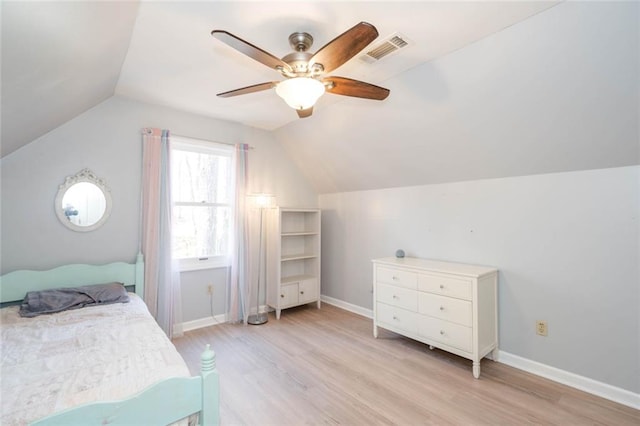 bedroom with light wood finished floors, lofted ceiling, visible vents, a ceiling fan, and baseboards