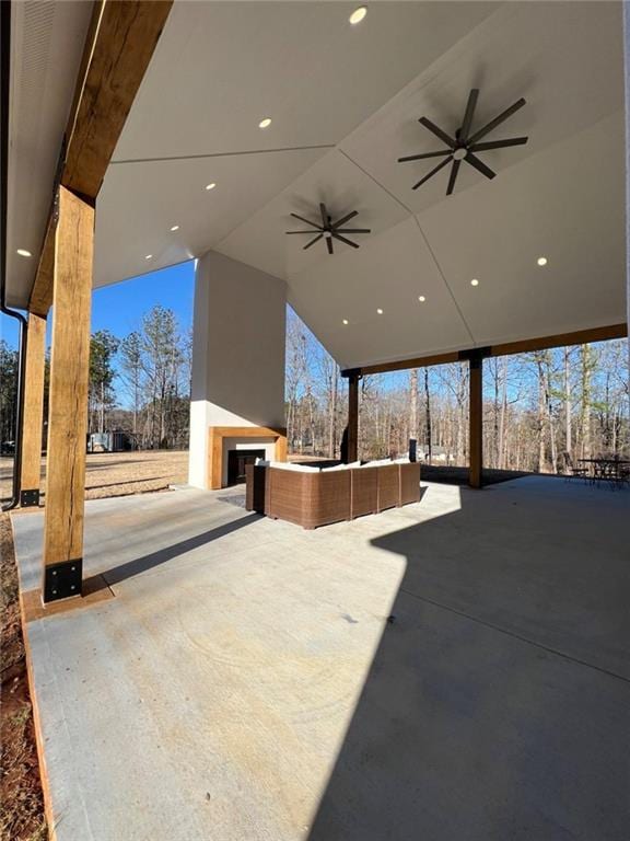 view of patio / terrace featuring ceiling fan and an outdoor hangout area