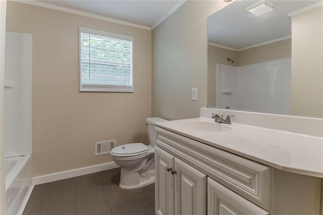 bathroom featuring toilet, baseboards, vanity, crown molding, and  shower combination