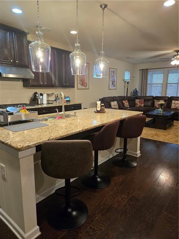 kitchen with under cabinet range hood, dark wood finished floors, a sink, and open floor plan