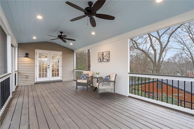 wooden terrace with french doors and ceiling fan