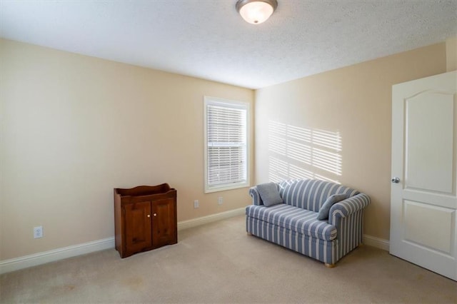 sitting room featuring baseboards, carpet, and a textured ceiling