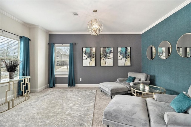 sitting room featuring crown molding, plenty of natural light, and carpet flooring