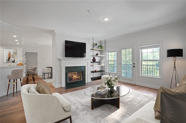 living room with a fireplace, hardwood / wood-style floors, and ornamental molding