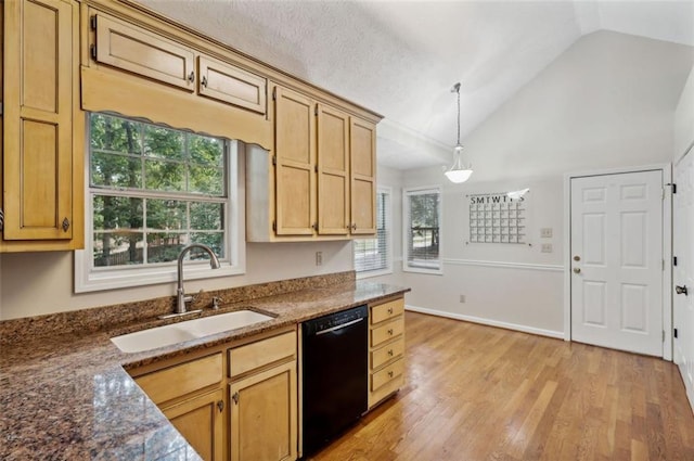 kitchen with pendant lighting, lofted ceiling, sink, dishwasher, and light wood-type flooring