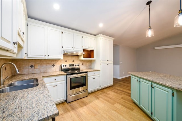 3105 The Trail Rd, Gainesville, GA 30501 - kitchen featuring stainless steel electric range, under cabinet range hood, white cabinets, backsplash, and vaulted ceiling
