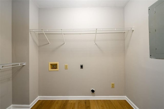 3105 The Trail Rd, Gainesville, GA 30501 - laundry room with electric dryer hookup, washer hookup, wood finished floors, and electric panel