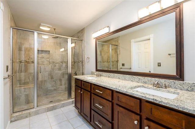 3105 The Trail Rd, Gainesville, GA 30501 - full bath featuring a shower stall, double vanity, and tile patterned flooring