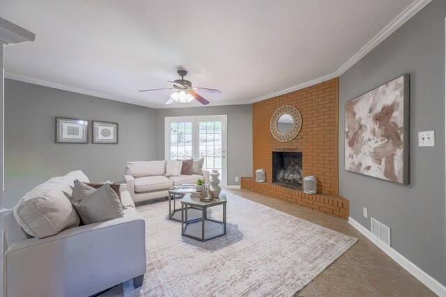 2279 Parkview Cir, College Park, GA 30337 - tiled living area with a ceiling fan, crown molding, a fireplace, and baseboards