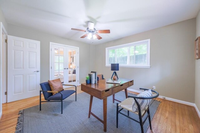 2279 Parkview Cir, College Park, GA 30337 - office area featuring ceiling fan, light wood-style flooring, french doors, and baseboards