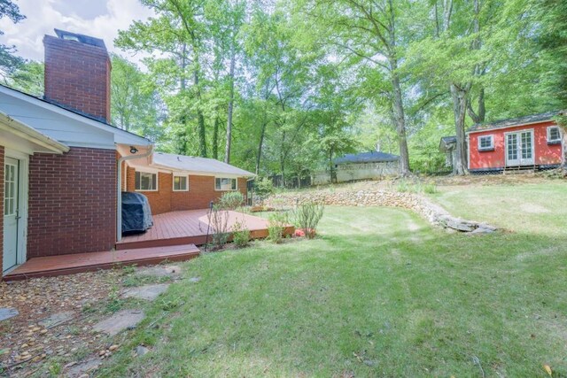 2279 Parkview Cir, College Park, GA 30337 - view of grassy yard with a wooden deck and an outbuilding