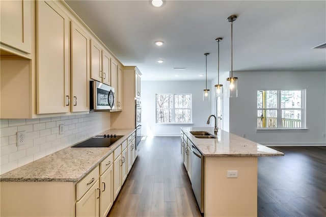 kitchen with a sink, tasteful backsplash, stainless steel appliances, and dark wood finished floors